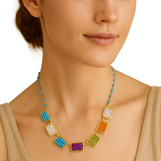 Multicolour Semi Precious Stone Rectangle Necklace Sherie Boutik