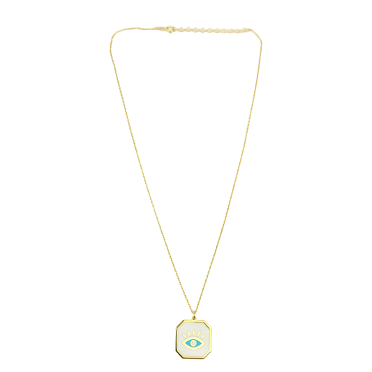 White Enamel Square Turquoise Eye Necklace Sherie Boutik