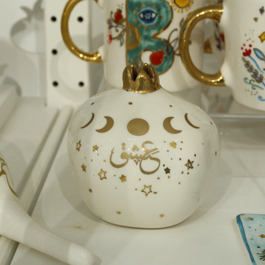 “Love” Celestial Gold Calligraphy Pomegranate Sherie Boutik