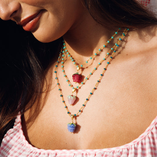 Red Glass Pomi & Blue Onyx Chain Necklase Sherie Boutik