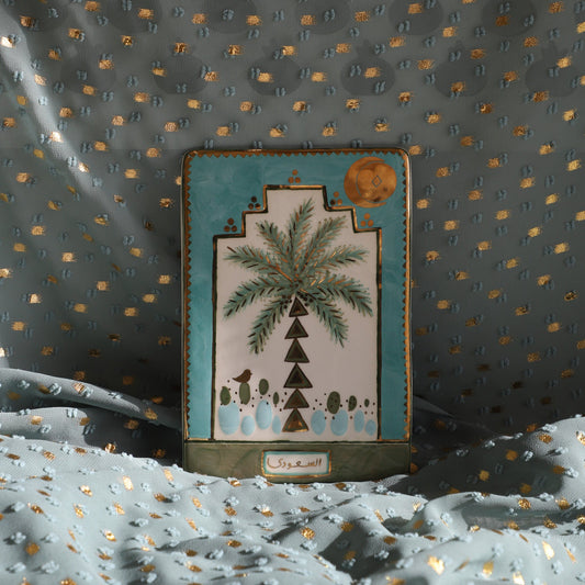 Decorative patch with geometric design on a textured fabric background