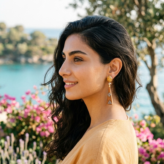 Woman with dark hair and earrings standing outdoors with flowers and water in the background