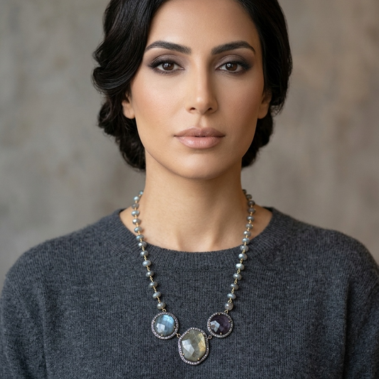 Woman wearing a necklace with a gray background
