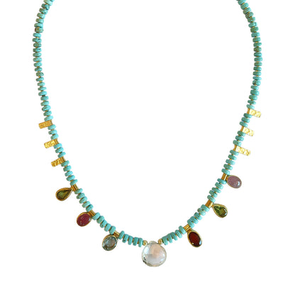 Turquoise and tourmaline t drop necklace