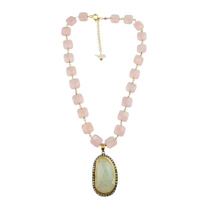 Necklace Rose qtz /Aquamarine pave diamond