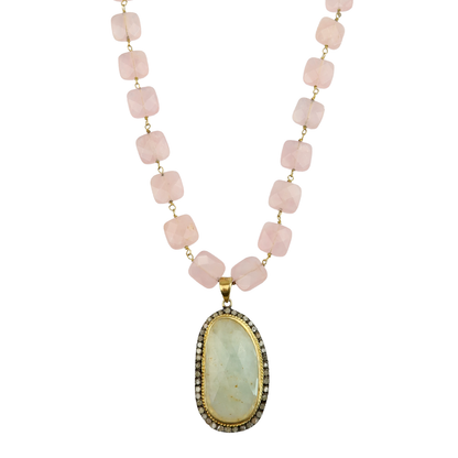 Necklace Rose qtz /Aquamarine pave diamond