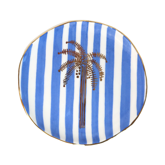Gold Palm Tree + Royal Blue Stripe Plate / Wall Décor Sherie Boutik