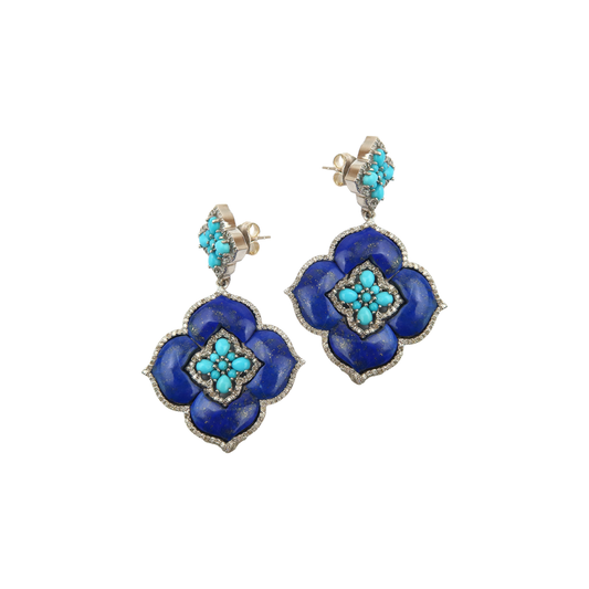 Lapis Turquoise  pave Diamond Earring