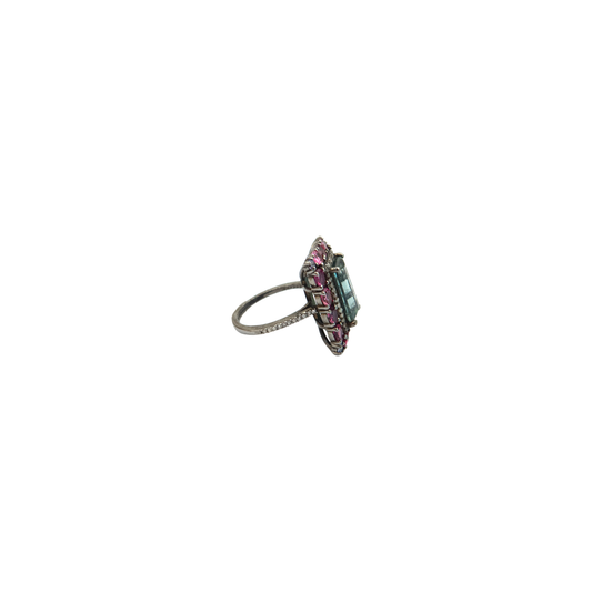 Aqua /Pink crystal/Pave diamond Ring