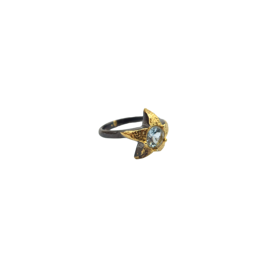 Star Aquamarine & Oxidised + Gold Plated Silver Ring