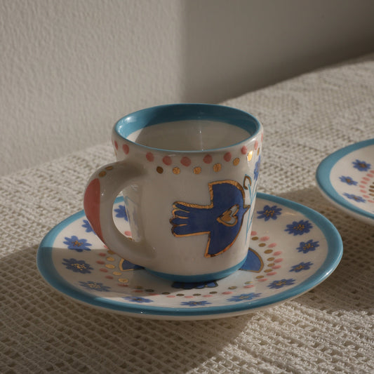 Love bird & Flower Blue Teacup Set