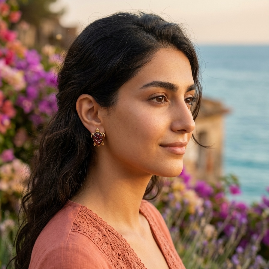 Woman with dark hair and a pink top standing in front of flowers and water.