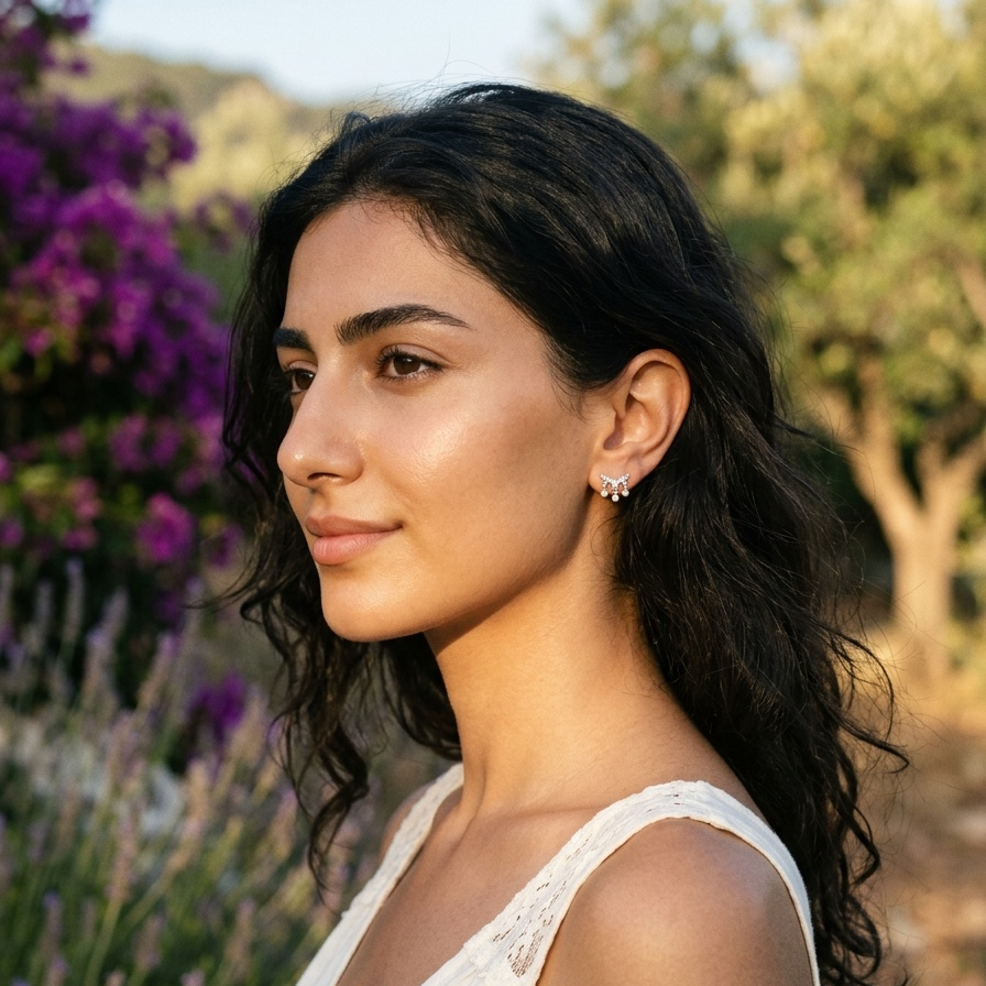 Woman with dark hair and a white top standing outdoors with greenery and flowers in the background