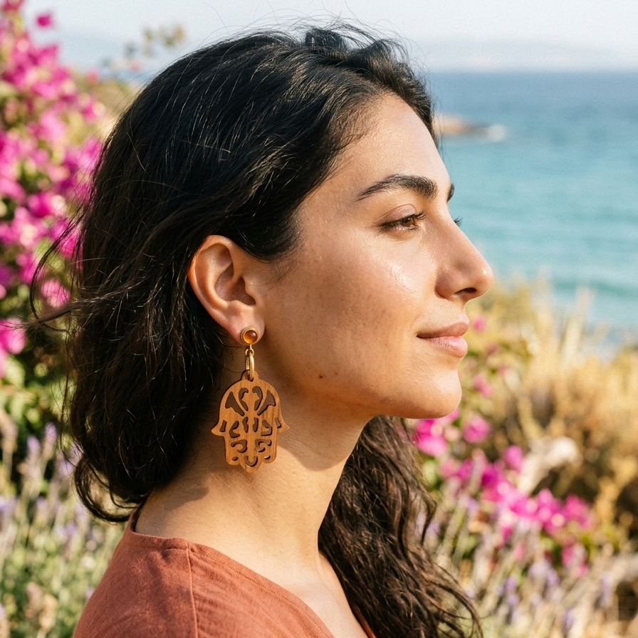 Woman with a floral earring in a field of flowers with ocean in the background