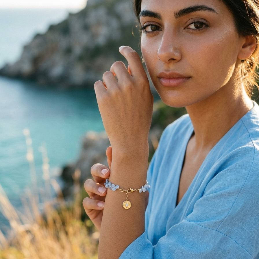 Woman in a blue outfit with jewelry, standing by a scenic coastal background