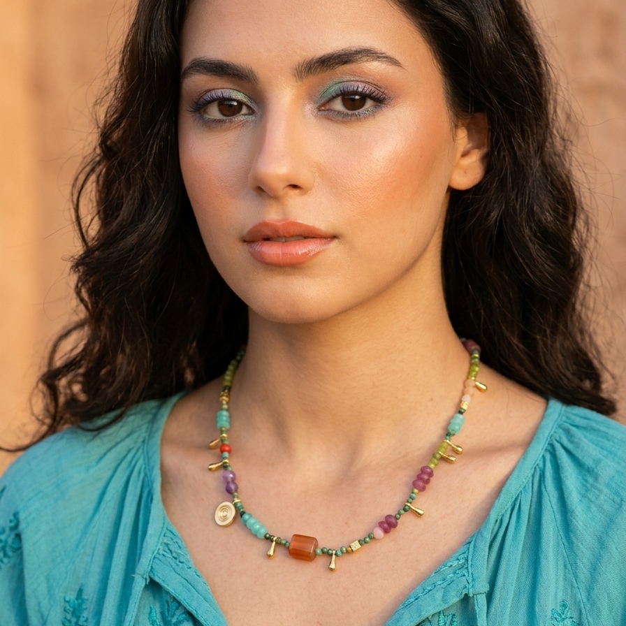 Woman wearing a colorful beaded necklace against a warm-toned background