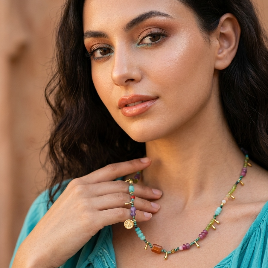 Woman wearing a colorful beaded necklace with a blurred background
