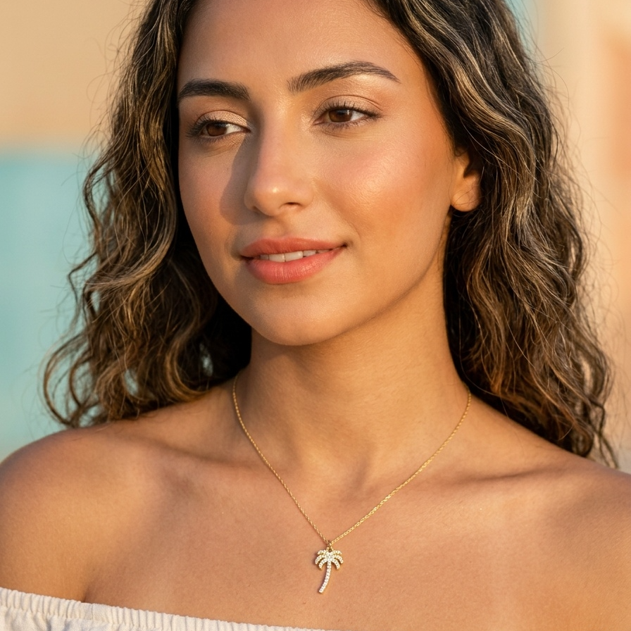 Woman wearing a necklace with a palm tree pendant against a blurred background