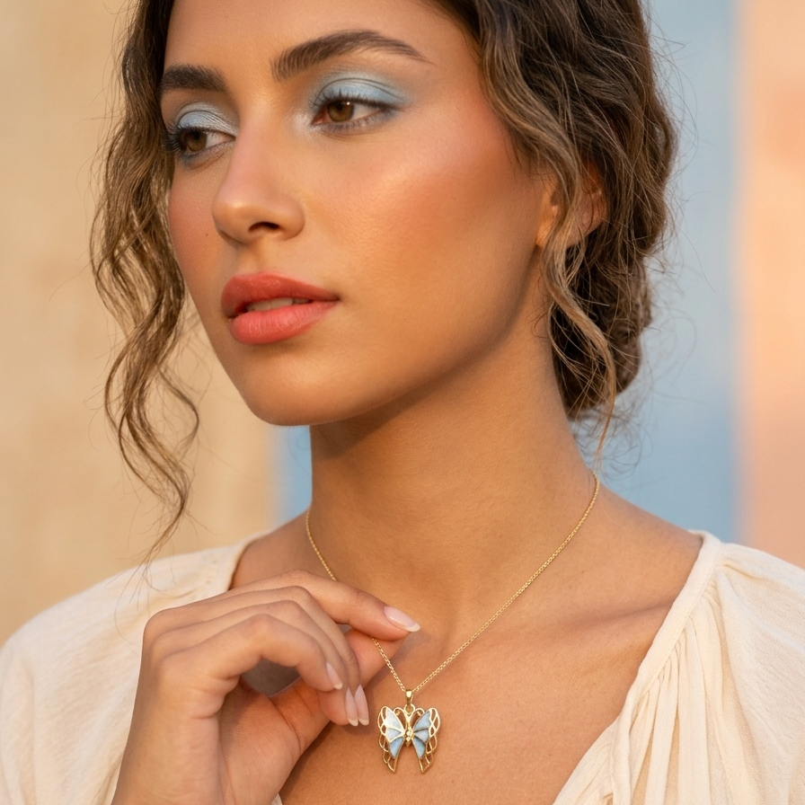Woman wearing a butterfly necklace against a blurred background