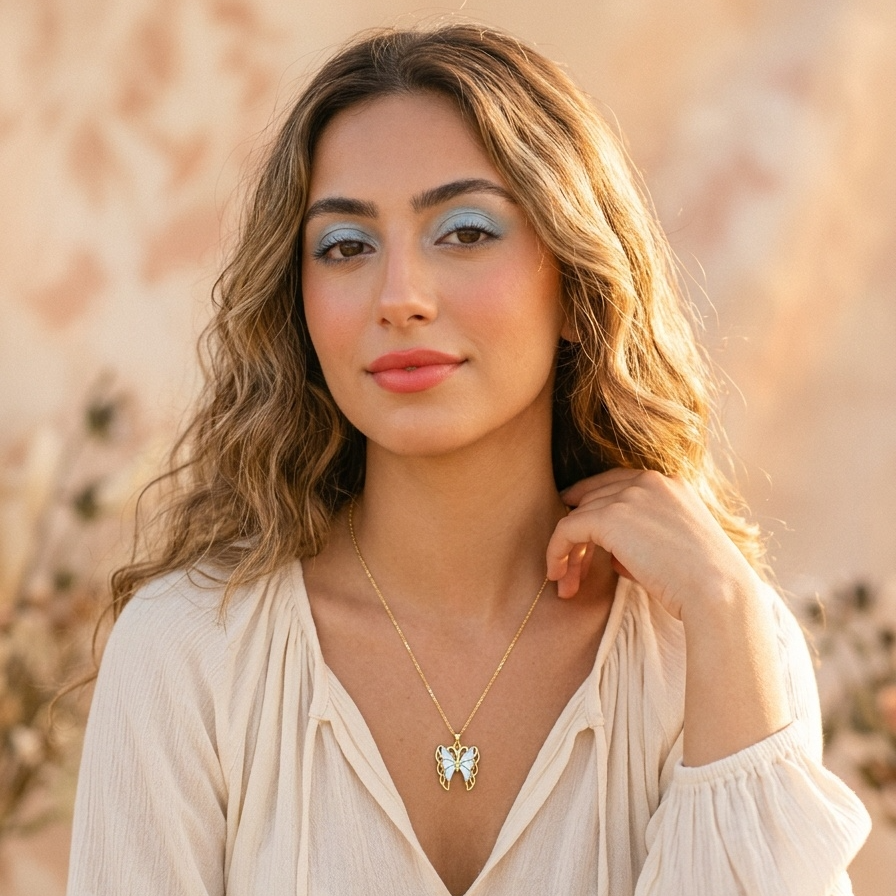 Woman wearing a butterfly necklace against a blurred natural background