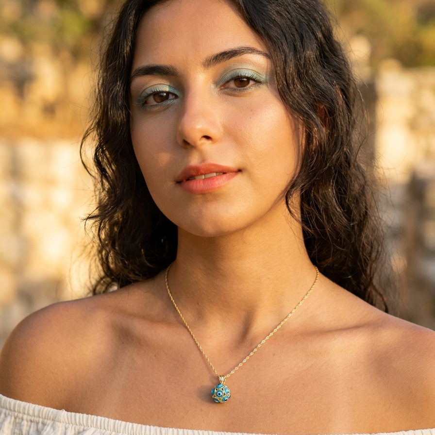 Woman wearing a necklace with a blue pendant against a blurred natural background