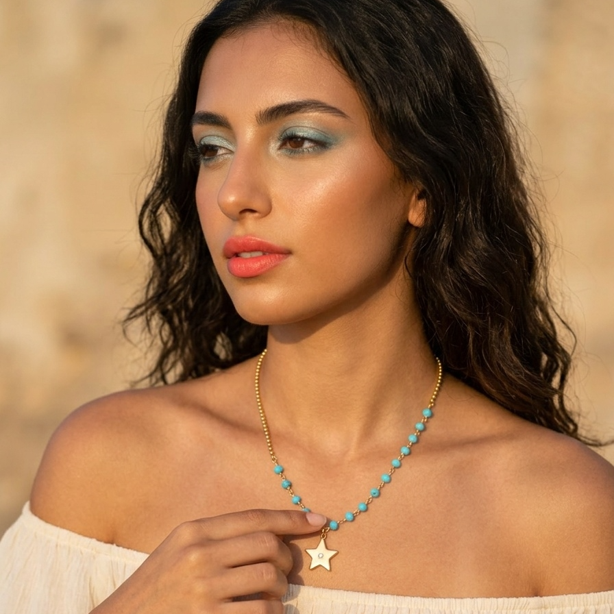Woman wearing a necklace with a star pendant against a blurred natural background