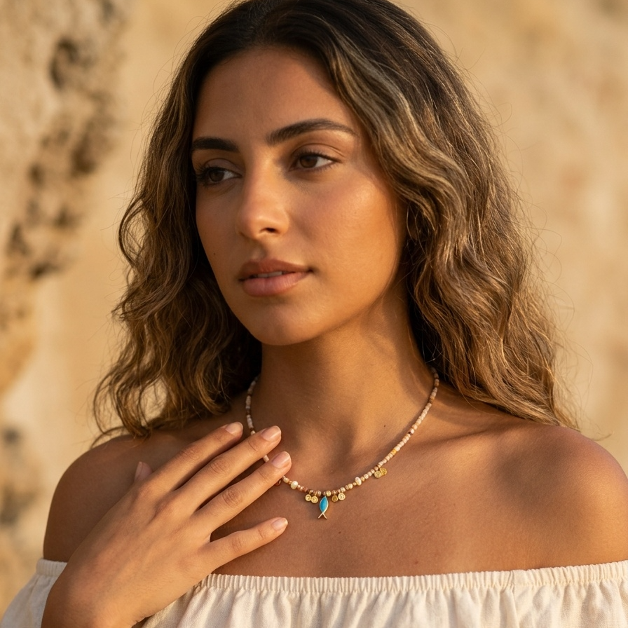 Woman wearing a necklace with a scenic background