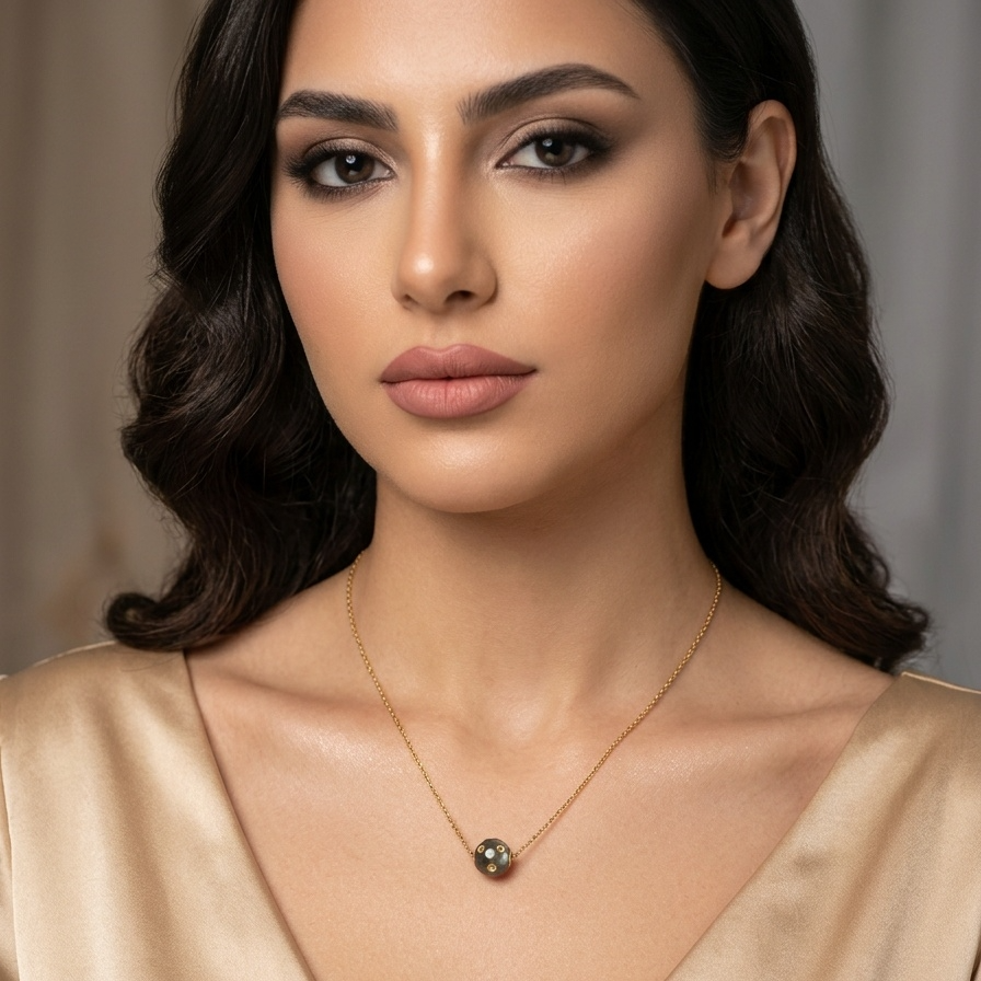 Woman wearing a gold necklace with a dark pendant against a neutral background