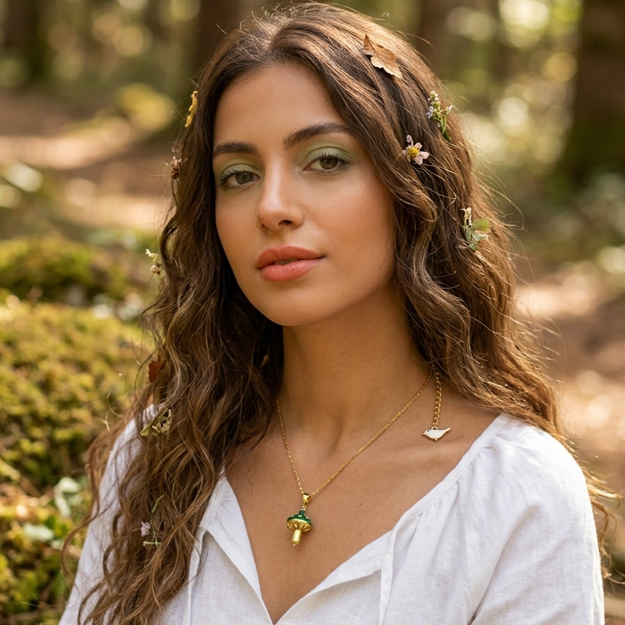 Woman with long, wavy hair standing in a forest