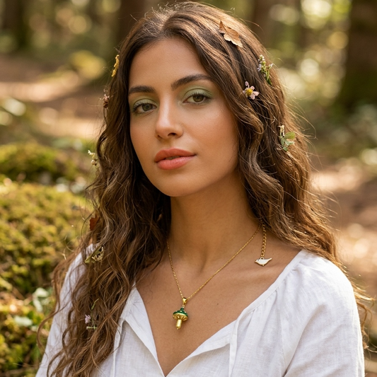 Woman with long, wavy hair standing in a forest