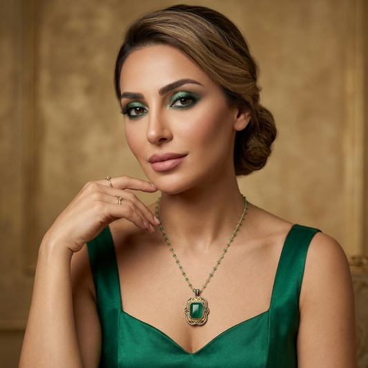 Woman wearing a green dress and necklace against a warm-toned background
