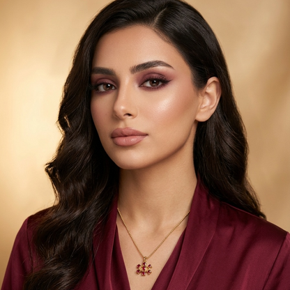 Woman wearing a burgundy top with a gold background