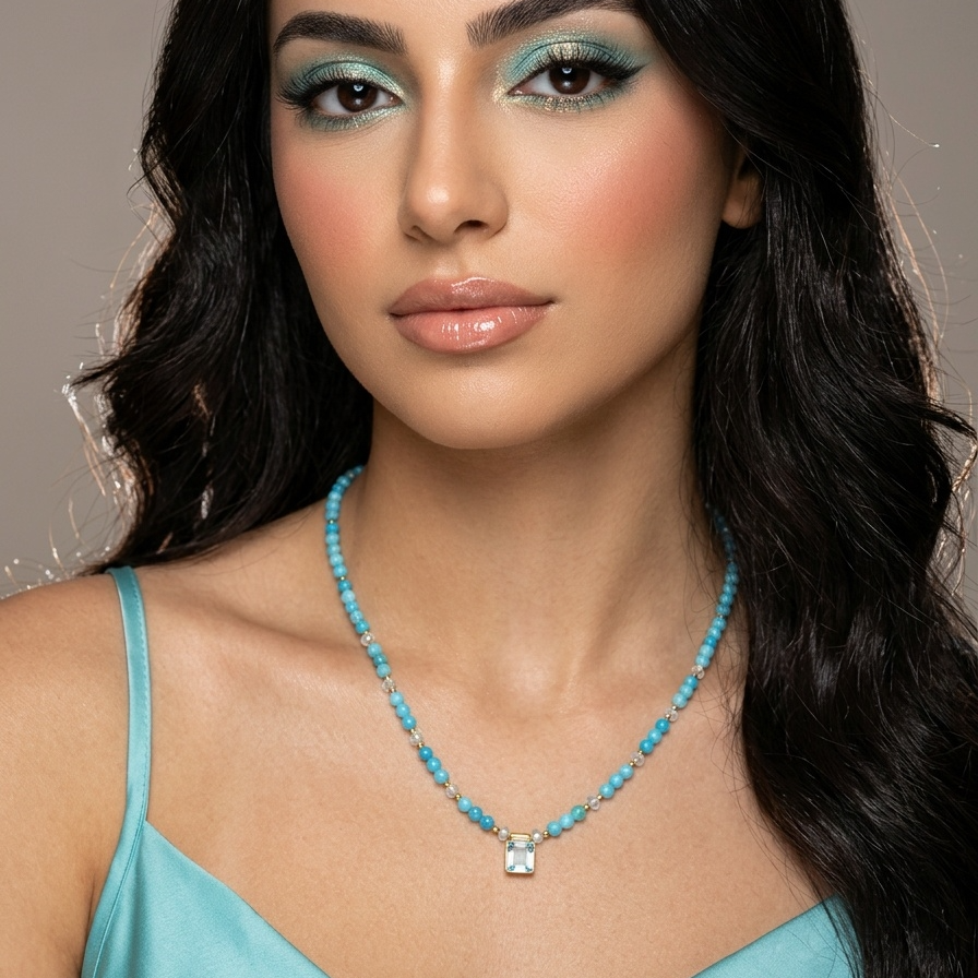 Woman wearing a turquoise necklace against a neutral background
