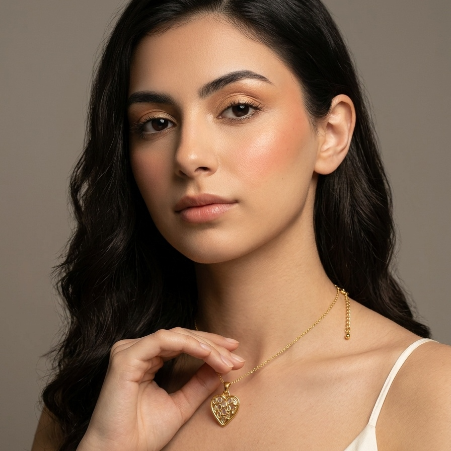 Woman wearing a gold necklace with a crown pendant against a neutral background