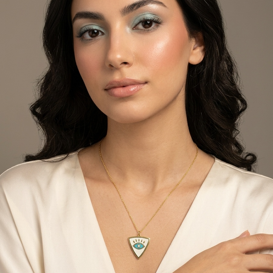 Woman wearing a necklace with a green pendant against a neutral background