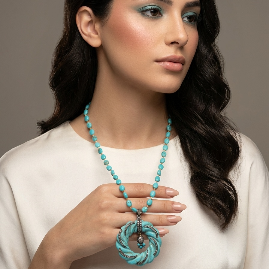 Woman wearing a turquoise beaded necklace with a large pendant against a neutral background
