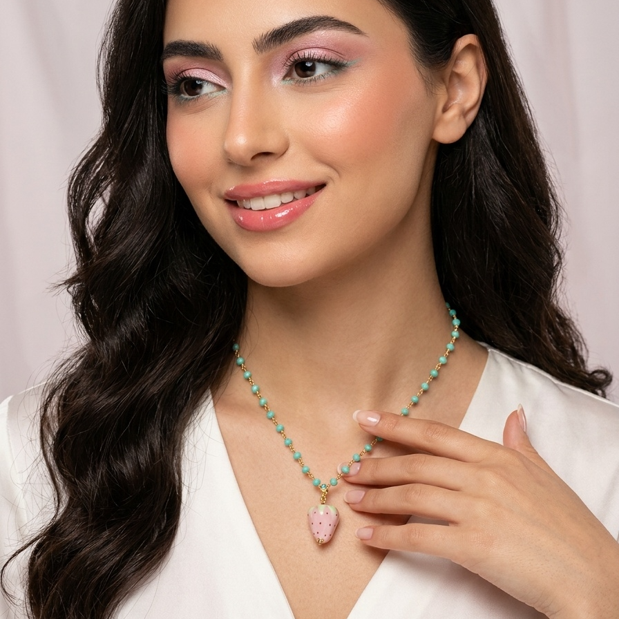 Murano Light Pink Strawberry & Chrysoprase Beaded Necklace